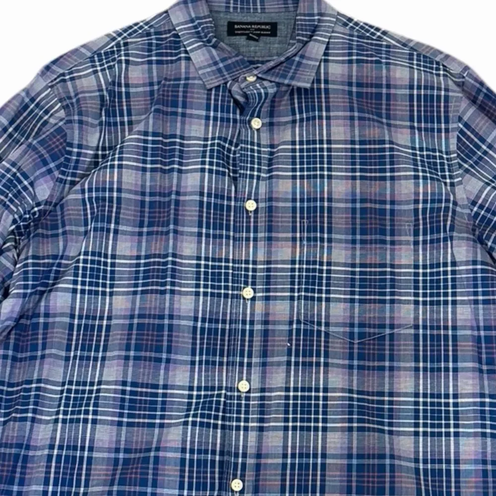 Banana Republic Mens XL Slim Fit Blue Purple Plaid Button Down Shirt 100% Cotton